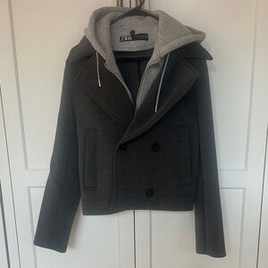Zara Women's Gray Pea Coat with Hoodie